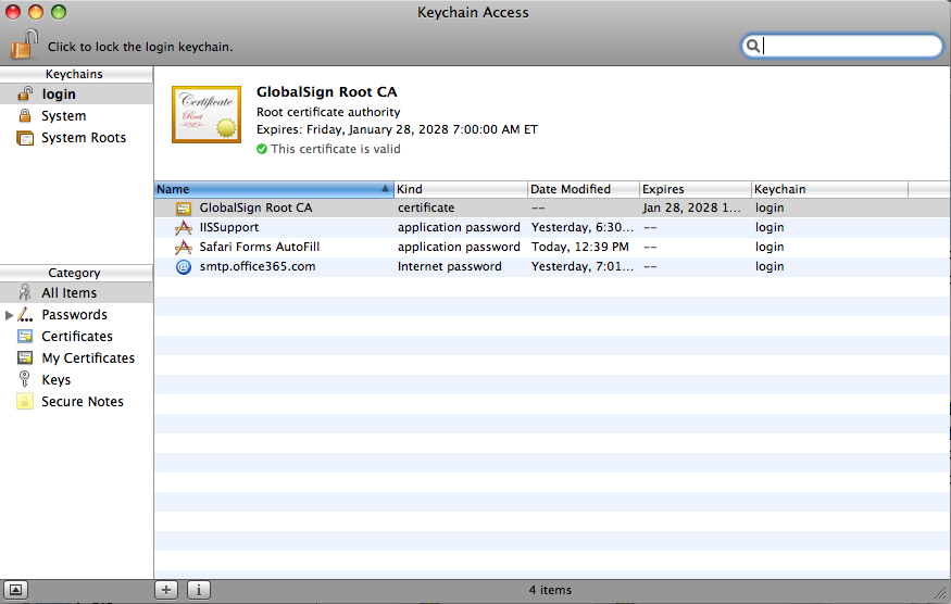 screenshot of GlobalSign Root CA installed on Leopard