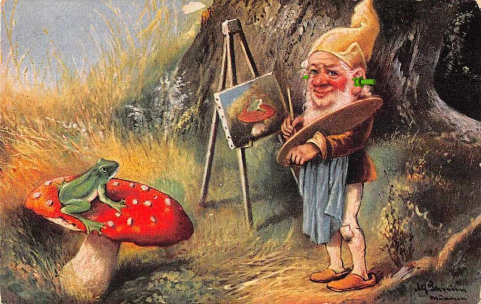 CC BY 2.5 by Light_current (earplug) and Poikilos (photomanip); Gnome Elf Painting Frog on Mushroom Artist Unknown Ca 1912 CC0